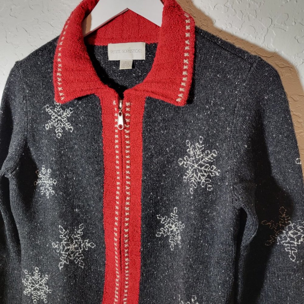 Petite Sophisticate Cardigan Sweater Large Gray Holiday Snow Lamb Wool Full Zip